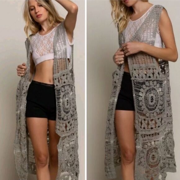 Open Crocheted Layering Maxi Duster Vest - Picture 1 of 7
